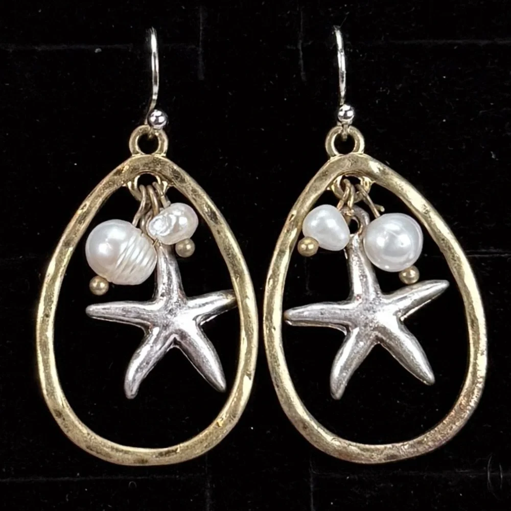 Vintage aged goldtone Silvertone faux pearl starfish dangle pierced earrings